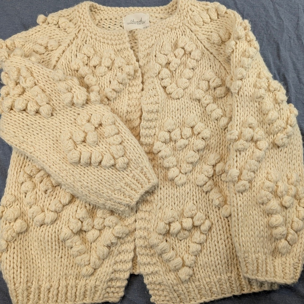 Chicwish Ivory Wool Blend Chunky Knit Pom Pom Heart Bobble Cardigan Sweater L/XL